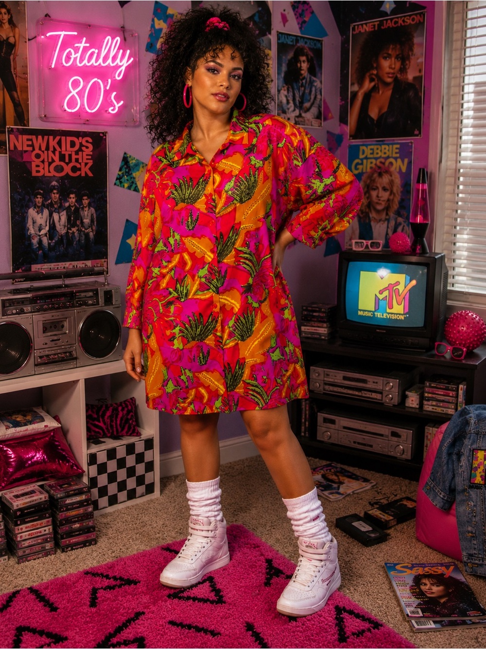 80s Retro S. Roberts 100% Rayon Sequins Vibrant Pink Tropical Print Shirt Dress